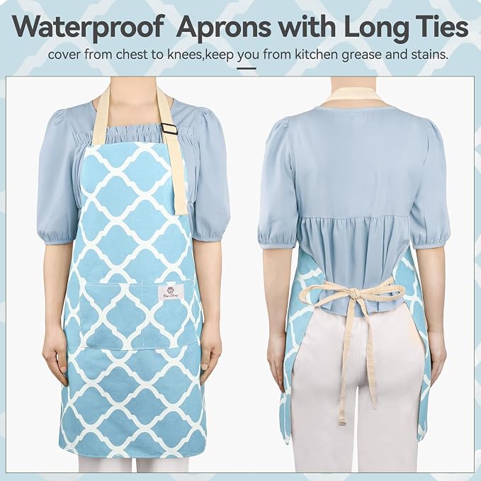 2 Pieces Aprons for Women with Pockets, Cotton Linen Waterproof Kitchen Cooking - Image 7