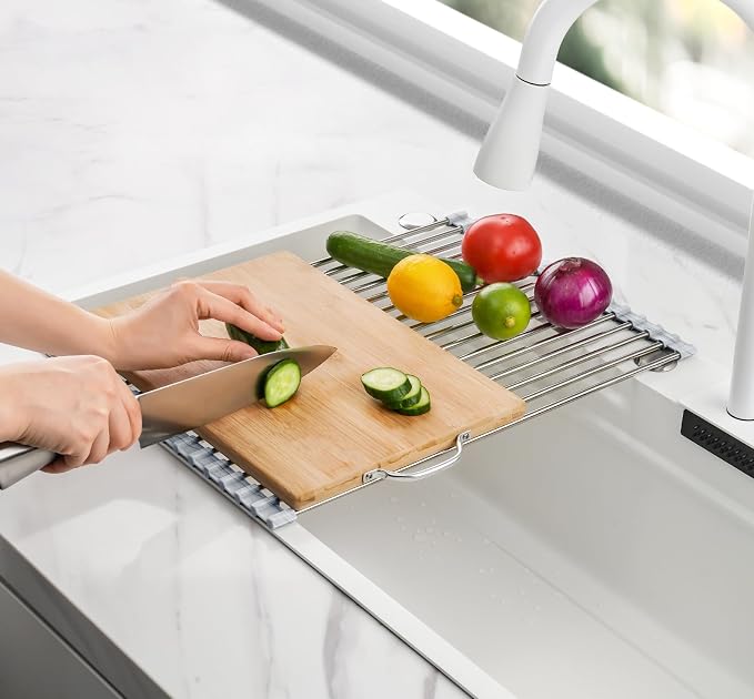 Tomorotec Stainless Steel Roll-Up Dish Drying Rack Marble Color Silicone Edges - Image 7