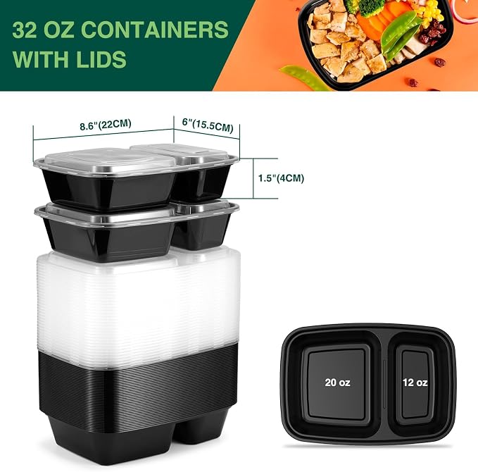 Glotoch Express 300 Pack 32oz Black 2 Compartment Square Meal Prep Containers - Image 3