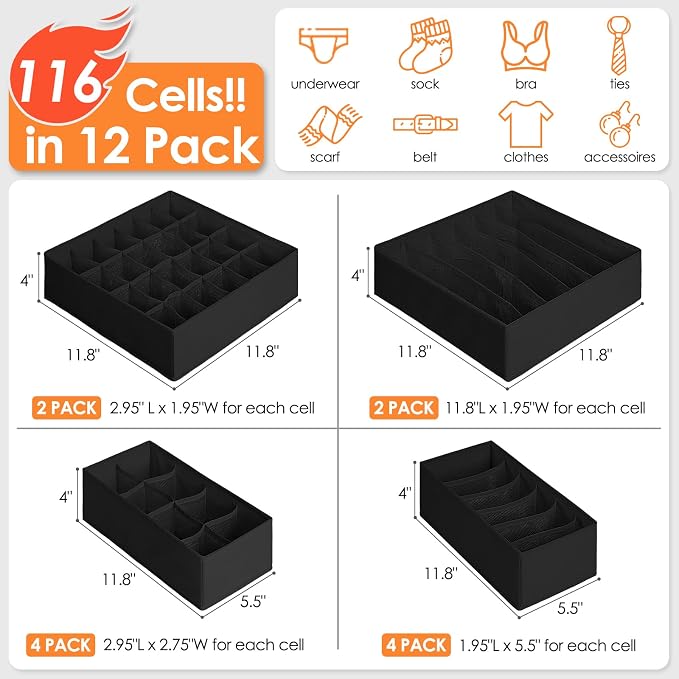 12 Pack Drawer Organizers, 116 Compartments Fabric Foldable Dresser Drawer - Image 2