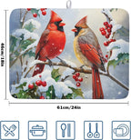 Winter Cardinal Birds Dish Drying Mat, Holly Berry Branches Dish Drying Mat - Image 2