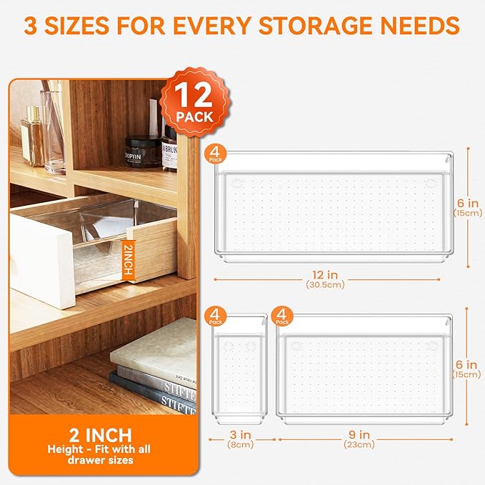 Criusia 12 Pack Large Clear Plastic Drawer Organizer Trays | MULTI-USE Acrylic - Image 2
