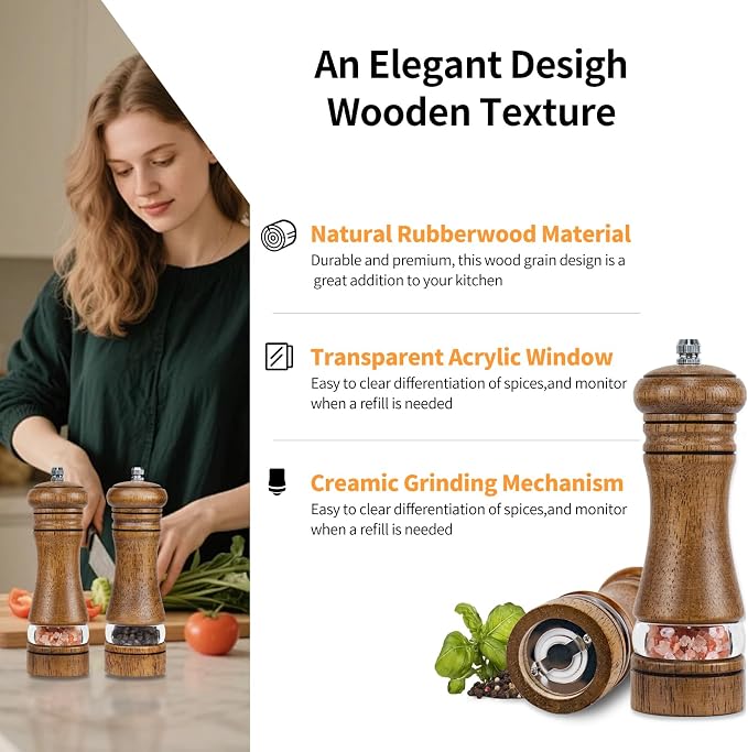 Haomacro Wood Salt and Pepper Grinder Mills Set, Classic Manual Pepper Grinder - Image 4