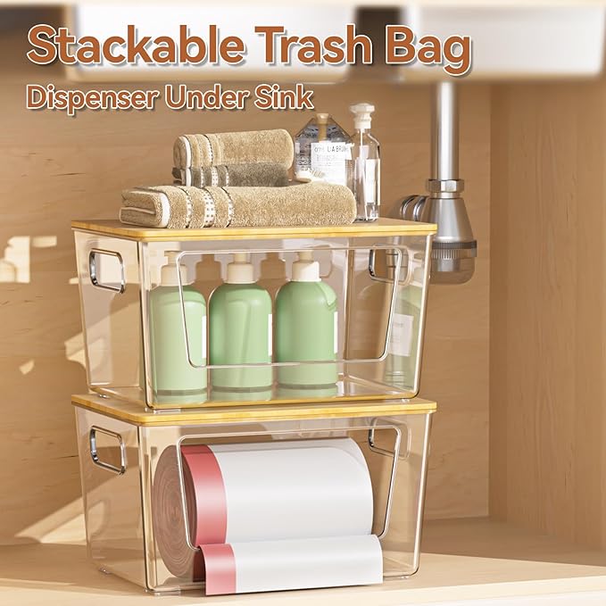 spospo Trash Bag Holder with Bamboo Lid, Stackable Trash Bag Dispenser - Image 2