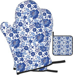 Navy Blue Floral Oven Mitts and Pot Holders Sets, Heat Resistant Oven Gloves - Image 2