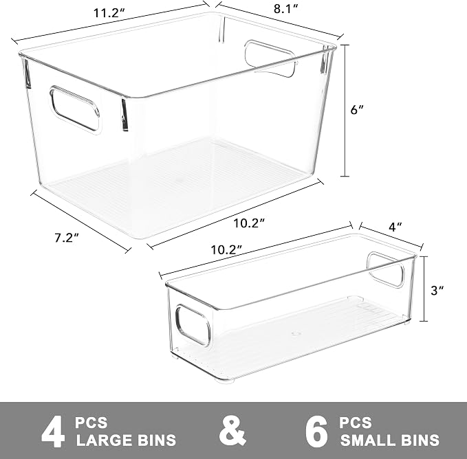Tiawudi Set of 10 Clear Plastic Storage Bins, 4 Large and 6 Small Stackable - Image 2