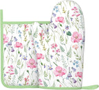 Pink Floral Silicone Oven Mitts Pan Mats Set of 2, Heat Resistant Gloves by Cayiibe