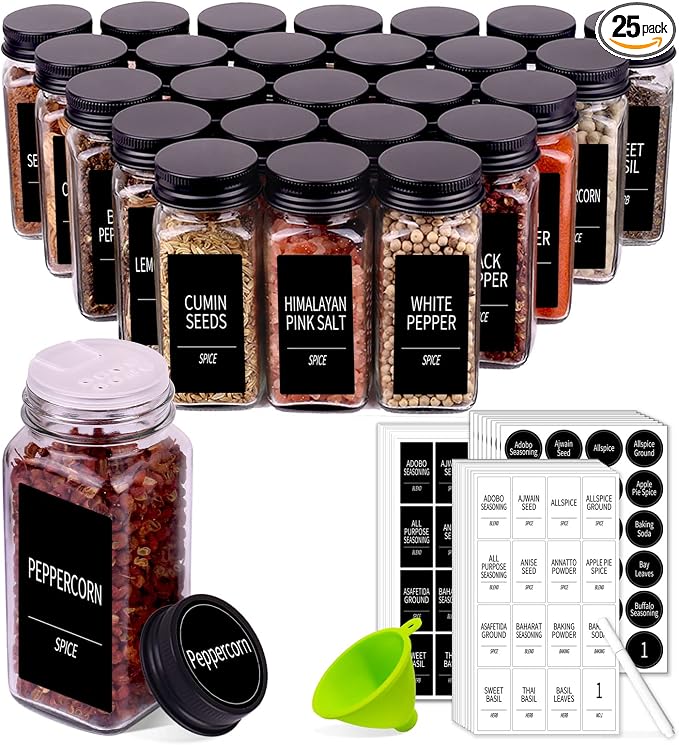 Churboro 25 Spice Jars with 547 Labels- Glass Spice Jars with Black Metal Caps by Churboro