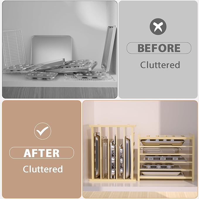 6 Tier Wooden Tray Dividers for Cabinets, Baking Cookie Sheet Organizer - Image 4