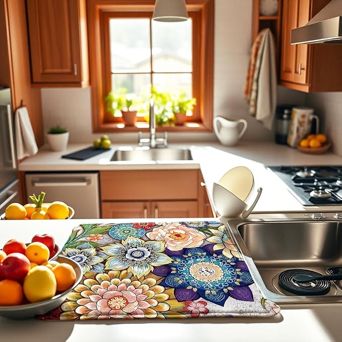 Boho Drying Mat 16" X 18" Boho Flower Kitchen Counter Stone Large Dish Drying - Image 3