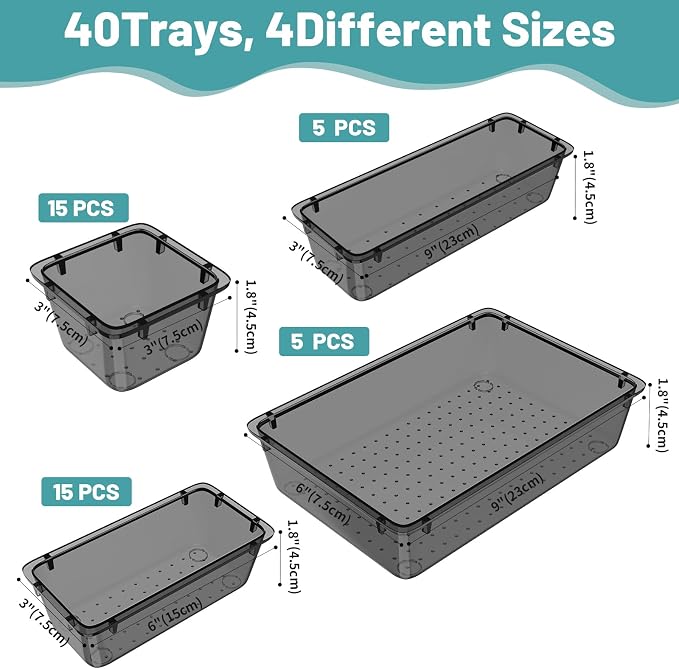 WOWBOX 40 PCS Clear Plastic Drawer Organizer Set, 4 Sizes Desk Drawer - Image 3