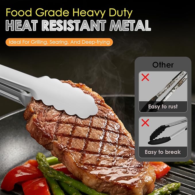 Stainless Steel Tongs for Cooking, Heat Resistant 600 Degrees Metal Kitchen - Image 3