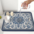 Blue Floral Dish Drying Mat for Kitchen Counter Vintage Flower Pattern - Image 6