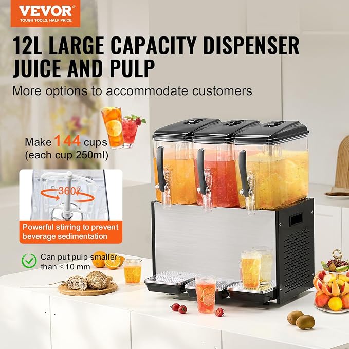 VEVOR Commercial Beverage Dispenser, 3 Tanks 12 L / 12.7 QT Per Tank Juice - Image 2