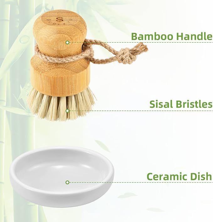 SUBEKYU Bamboo Dish Scrub Brushes, Kitchen Wooden Cleaning Scrubbers Set - Image 5