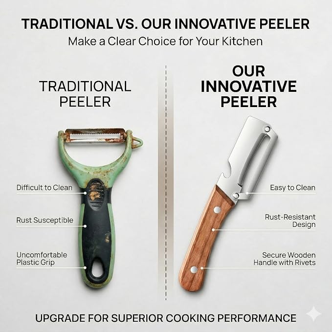 2-in-1 Vegetable Peeler with Wooden Handle, Premium Stainless Steel Peeler with - Image 2