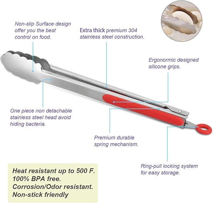 Premium 304 Stainless Steel Tongs Set – 12" Grill Tongs & 9" Cooking Tongs - Image 5