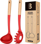 Pasta Fork and Ladle Set, and Sauce Pasta, BPA-Free Matte Silicone, Wood Handle by BADIANO