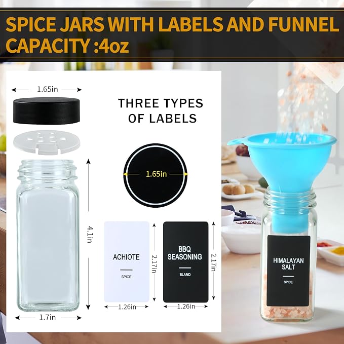 24 Glass Spice Jars with Labels, Spice Jar Set, 4oz Spice Containers, Seasoning - Image 3
