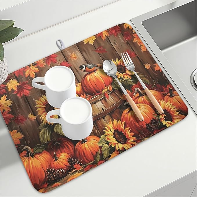 Fall Pumpkin Dish Drying Mat for Kitchen Counter Thanksgiving Autumn Harvest - Image 8