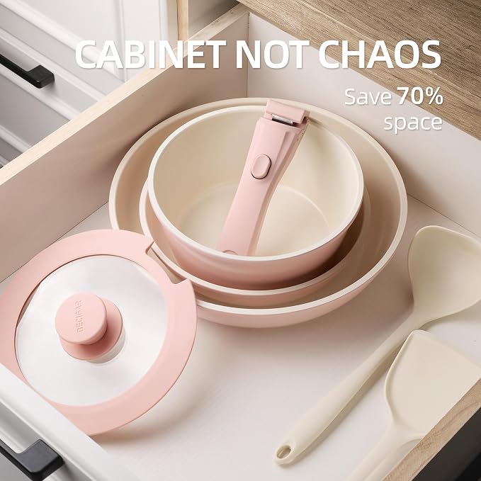 BECIGAR 8PCS Ceramic Cookware, Nonstick Ceramic Pan, Removable Handle Pots and - Image 3