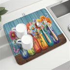 Vintage Floral Dish Drying Mat for Kitchen Counter Rustic Flower Vases Wooden - Image 8