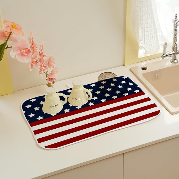 4th of July Dish Drying Mat 18x24 Inch Navy Blue Red Flag Stars Patriotic - Image 6