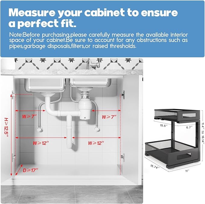 2-Pack Under Sink Storage Organizer, Large 2-Tier Elegant Mesh Pull Out Shelf - Image 2