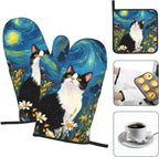 Funny Black Cat Oven Mitts and Hot Pads Set of 3, Abstract Cute Kitchen Mitts - Image 3