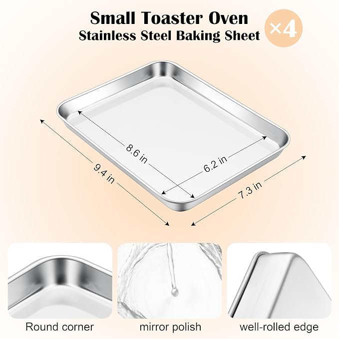 E-far 4 Pack Toaster Oven Trays, 9.4”x7.3” Stainless Steel Small Baking Cookie - Image 2