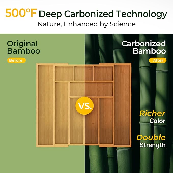 keechee Carbonized Bamboo Kitchen Drawer Organizer, 10 Slots Expandable - Image 4