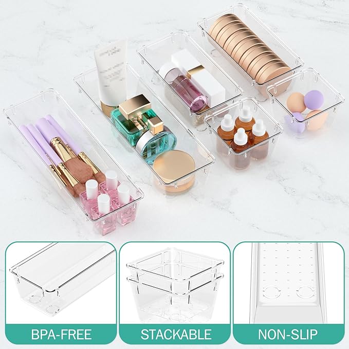 WOWBOX 9 Pack Clear Drawer Organizer Set, Acrylic Drawer Storage Trays - Image 3