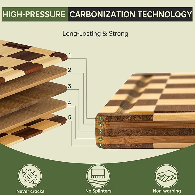 THETCHRY Bamboo Cutting Boards for Kitchen, Checkered Wooden Cutting Board - Image 3