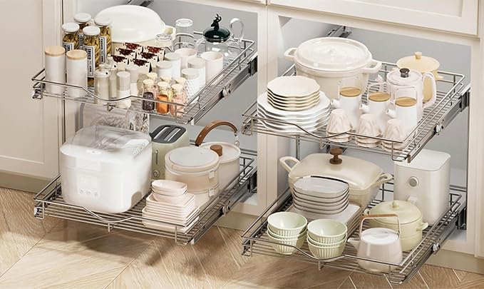 DINDON 2 Tier Pull Out Cabinet Organizer, Double Tier Wire Basket Slide Out - Image 7