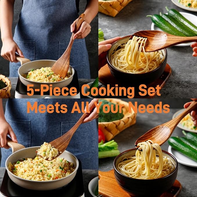 Teak Wooden Spoons for Cooking:6 Piece Wood Kitchen Utensils Set, Comfort Grip - Image 3