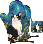 Funny Black Cat Oven Mitts and Hot Pads Set of 3, Abstract Cute Kitchen Mitts - Image 2