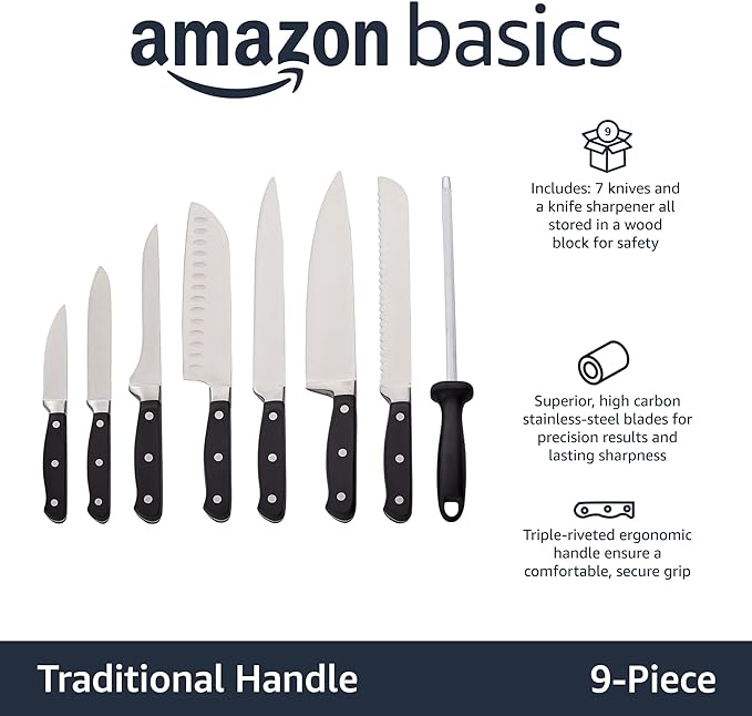 Amazon Basics 9-Piece High-Carbon Stainless Steel Kitchen Knife Set - Image 2