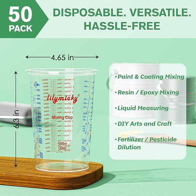50 PACK Plastic Measuring Cups, 32 oz Disposable Mixing Cups, Measurement - Image 2