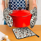 Boho Floral Pot Holders and Oven Mitts Set, Cute Black and Beige Kitchen Mitts - Image 7