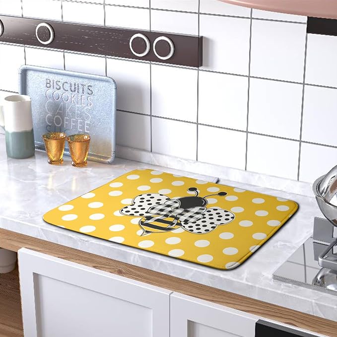 Bee Dish Drying Mat for Kitchen Counter 16x18 Inch Yellow Honey Bees Polka Dots - Image 5