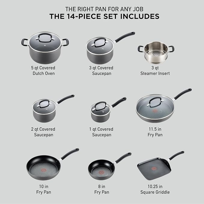 T-fal Ultimate Hard Anodized Nonstick Pots and Pans Set 14 Piece, Oven Broiler - Image 2