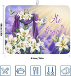 Easter Dish Drying Mat for Kitchen Counter He is Risen Cross Floral Purple - Image 2