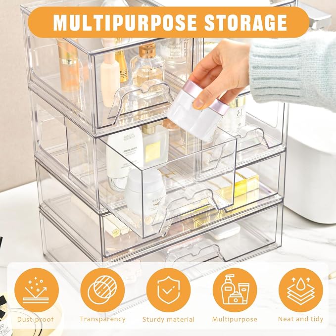 Stebopum 3 Pack Stackable Storage Drawers Clear Acrylic Organizer Makeup - Image 4