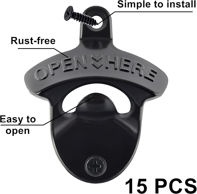 15 Packs Classic Beer Top Opener Wall Mounted Black Screw in Bottle Cap Opener - Image 2
