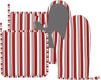 Abstract Red and White Striped Oven Mitts and Pot Holders Set by Unknown