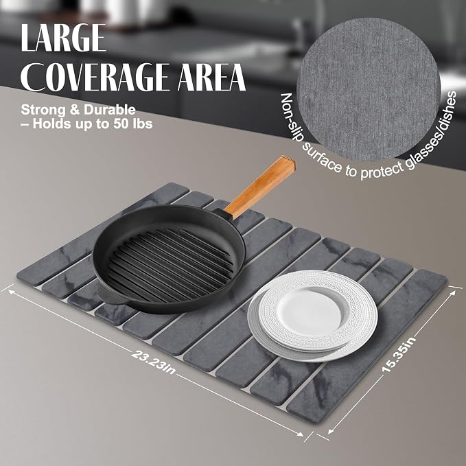 Large Stone Dish Drying Mats for Kitchen Counter, Quick Dry Collapsible Dish - Image 5