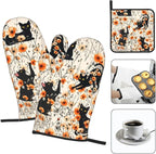 Orange Floral Pot Holders and Oven Mitts Set of 3, Cute Black Cat Kitchen - Image 3