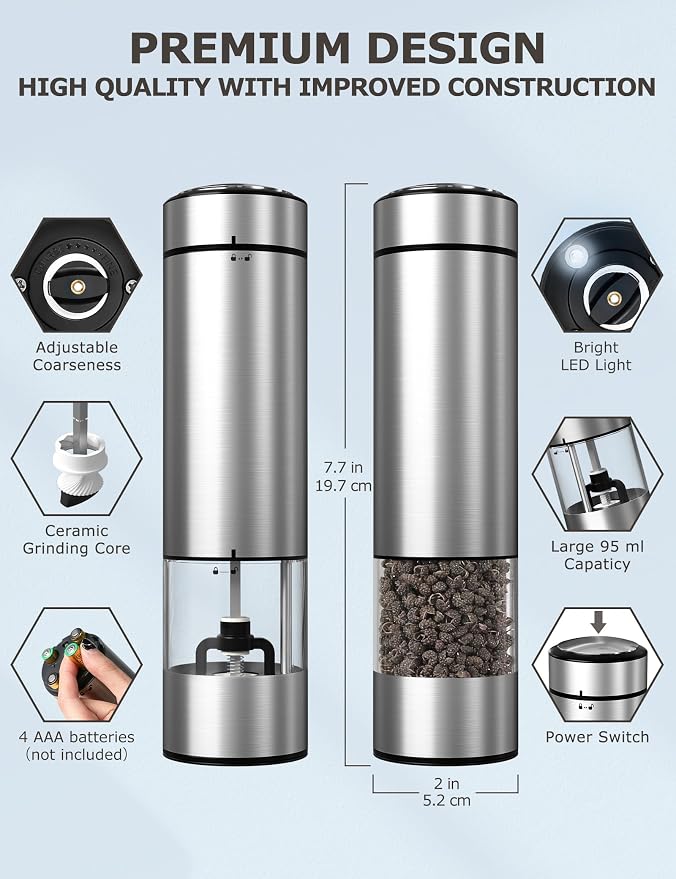 innhom Electric Salt Grinder Pepper Grinder Battery Operated Stainless Steel - Image 2