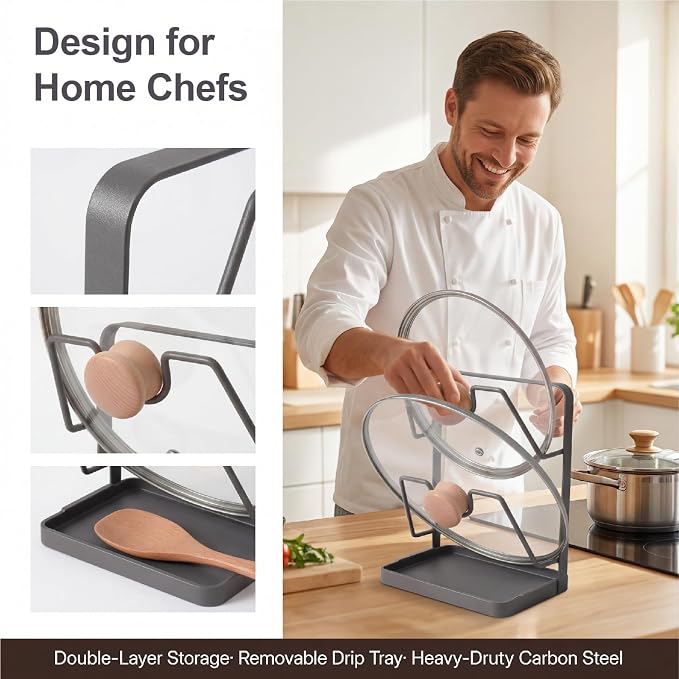 Space-Saving Carbon Steel Pot Lid Holder While Cooking, Double-Layer Kitchen - Image 3