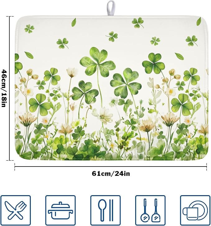 St Patrick's Day Dish Drying Mat 18 x 24 Inch Green Clover Dish Drainer Rack - Image 2